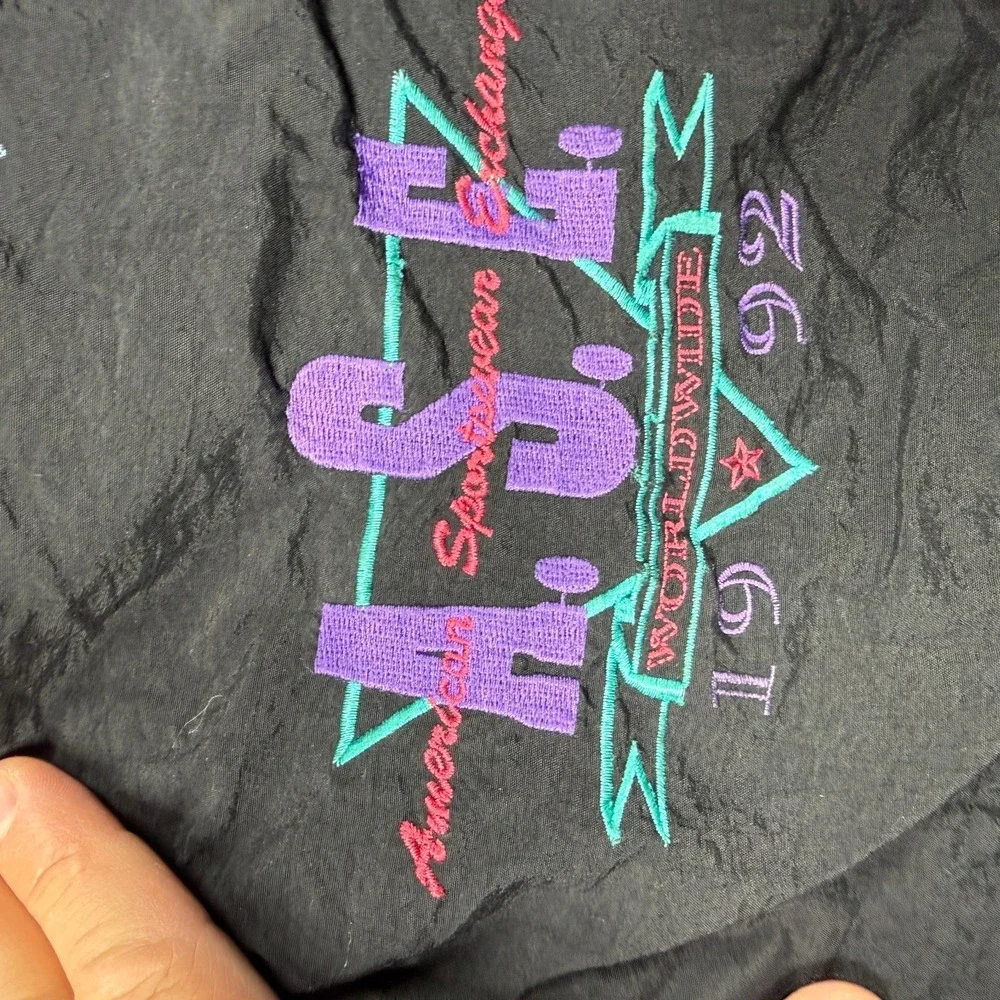 A.S.E. Anorak Men XL Black Purple Vintage 1992 Worldwide Graphic Hooded Windbrea